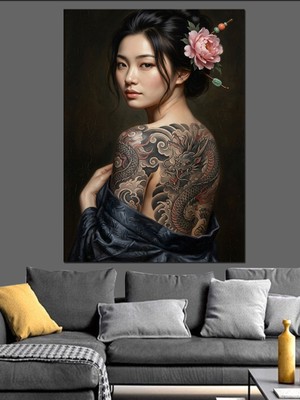 Tablomega Sırtında Büyük Çiçek Dövmesi Kadın Dekoratif Kanvas - Mdf Ahşap Tablo