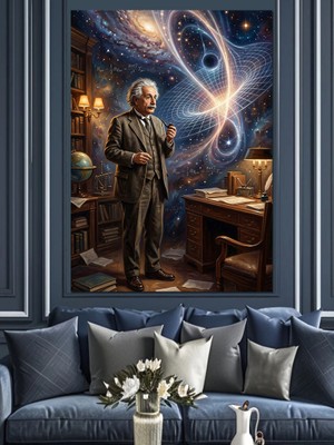 Artmeg Uzayda Yıldızları Izleyen Albert Einstein Dekoratif Kanvas - Mdf Ahşap Tablo