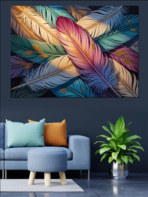 Tablomega Renkli Kuş Tüyleri Sanatsal Tasarım Dekoratif Kanvas - Mdf Ahşap Tablo