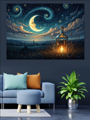 Artmeg Ay ve Yıldızlı Mistik Gece Dekoratif Kanvas - Mdf Ahşap Tablo