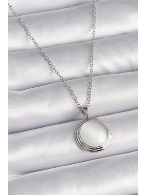 Mey Ithalat® 316L Çelik Gümüş Renk Beyaz Sedefli Daire Model Kadın Kolye