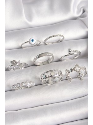 Mey Ithalat® Pirinç Gümüş Renk Nazar Boncuk Detay Incili Kelebek Işlemeli Kadın Yüzük Kombini