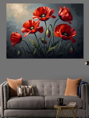 Artmeg Koyu Arka Planda Kırmızı Gelincikler Dekoratif Kanvas - Mdf Ahşap Tablo