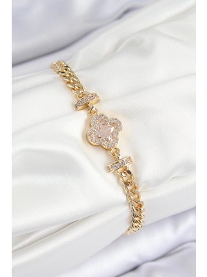 Mey Ithalat® Pirinç Zirkon Taşlı Yonca Model Gold Renk Kadın Bileklik