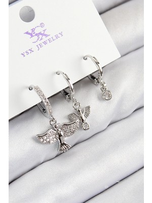 Mey Ithalat® Pirinç Zirkon Taşlı 3'lü Kuş Model Gümüş Renk Kadın Küpe