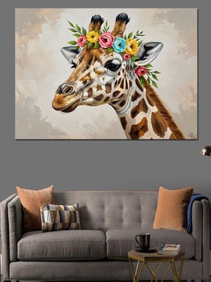 Artmeg Başında Çiçekler Açan Karizmatik Zürafa Dekoratif Kanvas - Mdf Ahşap Tablo