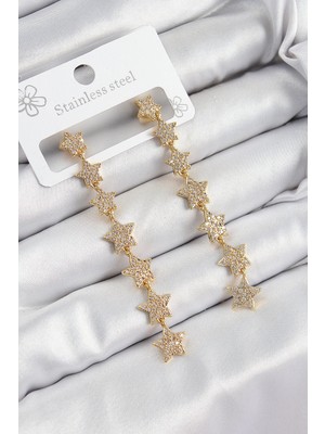 Mey Ithalat® Pirinç Zirkon Taşlı Sallantılı Yıldız Model Gold Renk Kadın Küpe