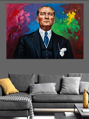 Tablomega Renkli Pop Art Atatürk Portresi Dekoratif Kanvas - Mdf Ahşap Tablo