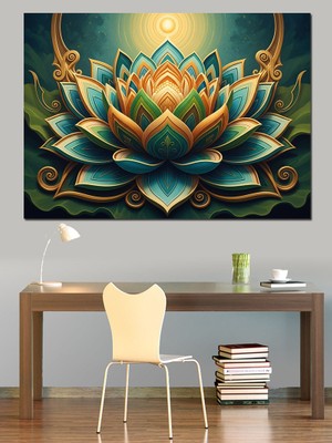 Tablomega Geometrik Turkuaz Lotus Çiçeği Mandala Dekoratif Kanvas - Mdf Ahşap Tablo