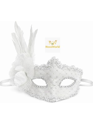Mey Ithalat® Beyaz Tüylü Venedik Lüks Balo Maskesi