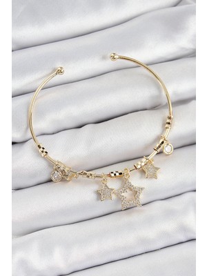 Mey Ithalat® Pirinç Zirkon Taşlı Yıldız Model Gold Renk Charm Bileklik
