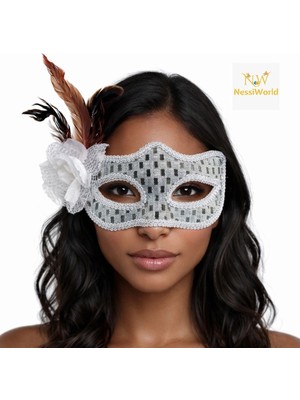 Mey Ithalat® Gümüş Renk Tüylü Balo Maskesi Kadın Parti Aksesuarı