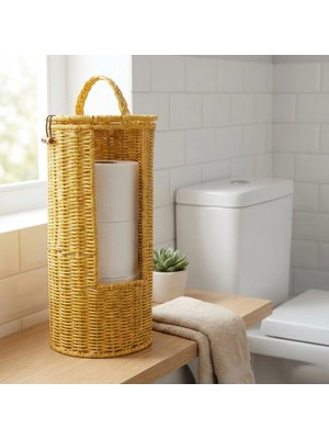 Mey Ithalat®  Askılı Plastik Rattan Tuvalet Kâğıdı Standı – Hasır Görünümlü, Kapaklı, Yedekli Wc Kâğıtlık, Banyo ve Tuvalet Için Dekoratif Organizer