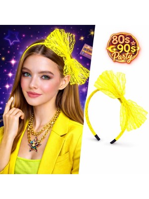 Mey Ithalat® 80’ler 90’lar Neon Sarı Dantel Taç Fiyonklu