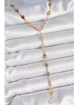 Mey Ithalat® Gold Karışık Renk Zirkon Taşlı Y Pirinç Kolye