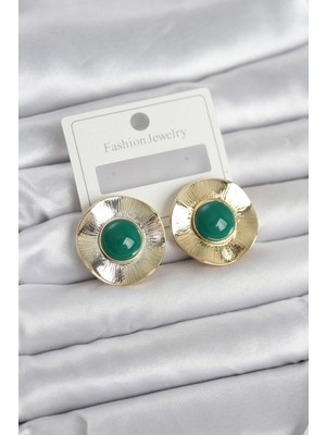 Mey Ithalat® Vintage Model Yeşil Gold Renk Pirinç Kadın Küpe