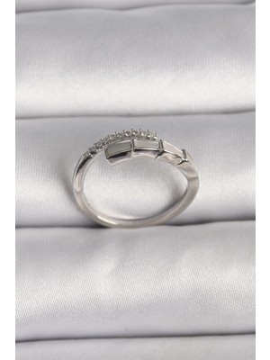 Mey Ithalat® Pirinç Gümüş Renk Zirkon Taşlı Yılan Model Ayarlanabilir Yüzük