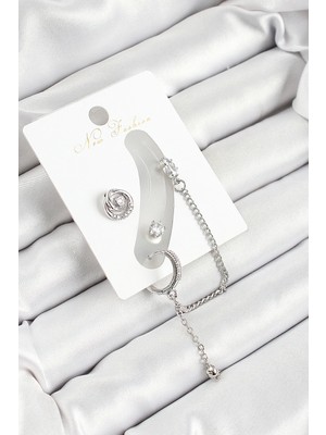 Mey Ithalat® Pirinç Halka Figürlü Zirkon Taşlı Gümüş Renk 3'lü Kıkırdak Kadın Küpe Set