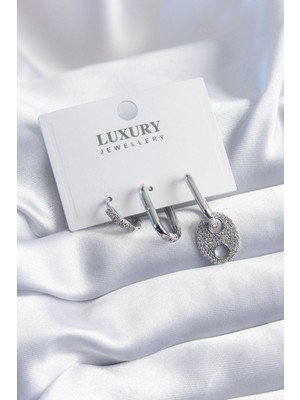 Mey Ithalat® Pirinç Gümüş Renk Zirkon Taşlı 3'lü Kadın Küpe Seti