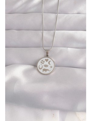 Mey Ithalat® 316L Çelik Gümüş Renk Beyaz Mineli Karışık Figürlü Tarot Kolye