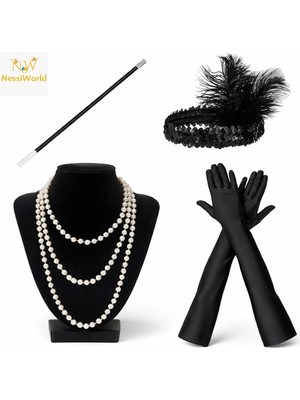 Mey Ithalat® 1920’LER Çarliston Aksesuar Seti – Inci Kolye, Eldiven, Sigara Tutucu, Siyah Saç Bandı