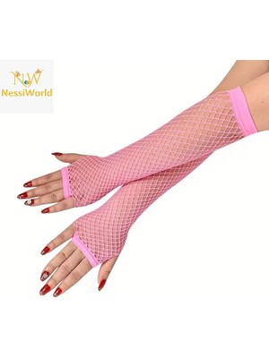 Mey Ithalat® 80’ler 90’lar Retro Neon Pembe File Parmaksız Eldiven 26 cm