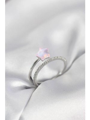 Mey Ithalat® Gümüş Renk Zirkon Taşlı Pembe Halley Model Kadın Yüzük