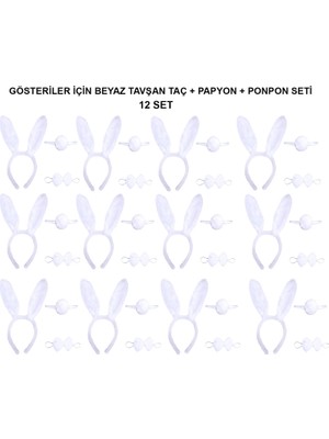 Mey Ithalat® Beyaz Tavşan Kostüm Seti – Taç, Papyon, Kuyruk (12’li Paket)