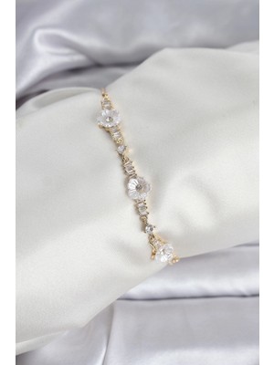 Mey Ithalat® Baget Zirkon Taşlı Çiçek Model Gold Renk Asansörlü Kadın Bileklik