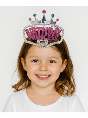 Mey Ithalat® Gümüş Renk Taç Üzeri Pembe Birthday Prenses Yazılı Çocuk Parti Tacı 11X12 cm