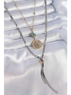 Mey Ithalat® 316L Çelik Mix Renk Filiz Figür Nazar Boncuk Detay Uzun Kadın Kolye