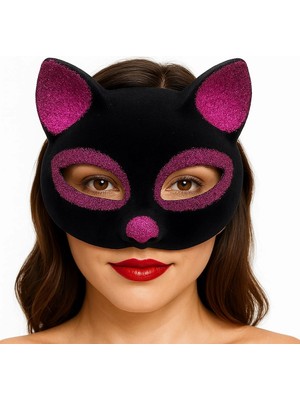 Mey Ithalat® Siyah Renk Fuşya Simli Süet Kaplama Kedi Maskesi 18X14 cm