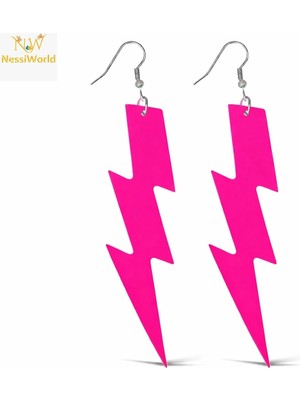 Mey Ithalat® 80’ler 90&amp;#39;lar Retro Neon Pembe Şimşek Küpe 10 cm