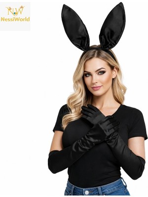 Mey Ithalat® Siyah Parlak Tavşan Kulak ve 40 cm Parlak Siyah Eldiven Kostüm Seti