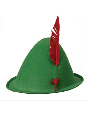 Mey Ithalat® Yeşil Renk Kırmızı Tüylü Peter Pan Şapkası Robin Hood Şapkası 24X23 cm