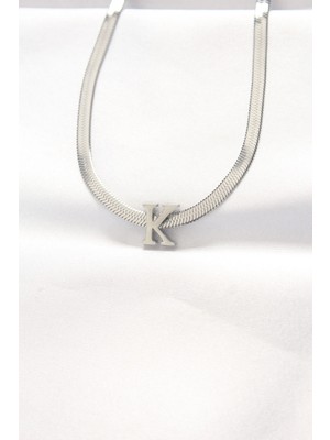 Mey Ithalat® 316L Çelik K Harfli Silver Renk Italyan Zincirli Kolye