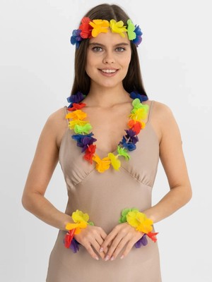 Mey Ithalat® Rengarenk Hawaii Kolye Taç Bileklik Seti 4 Parça