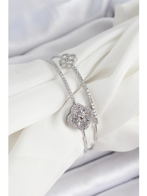 Mey Ithalat® Pirinç Gümüş Renk Zirkon Taşlı Yonca Model 2'li Kadın Bileklik