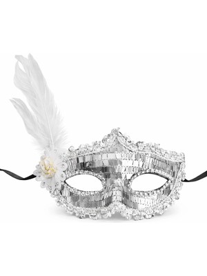 Mey Ithalat® Gümüş Tüylü Payetli Lüks Taşlı Parti Maskesi