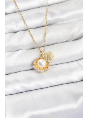 Mey Ithalat® 316L Çelik Zincir Gold Renk Incili Deniz Kabuğu Model Zirkon Taşlı Kadın Kolye