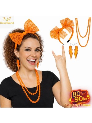 Mey Ithalat® 80’ler 90’lar Neon Turuncu Parti Seti – Kolye Küpe Taç