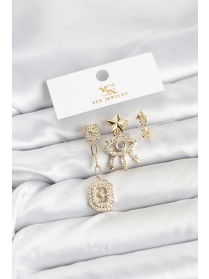 Mey Ithalat® Pirinç Gold Renk Göz ve Kutup Yıldızı Model Ysx Trio Küpe Seti