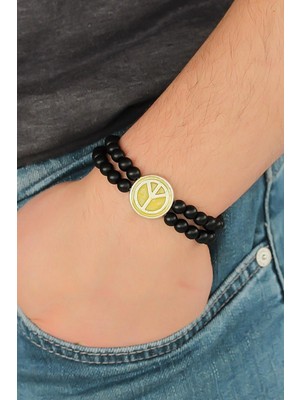 Mey Ithalat® Sarı Metal Barış Simgesi Tasarımlı Siyah Renk Mat Oniks Doğal Taş Erkek Bileklik