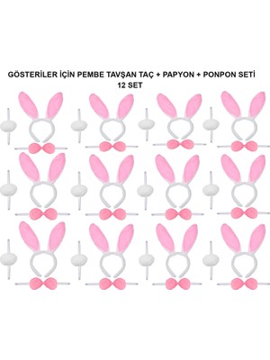 Mey Ithalat® Pembe Tavşan Kostüm Seti – Taç, Papyon, Ponpon (12’li Paket)