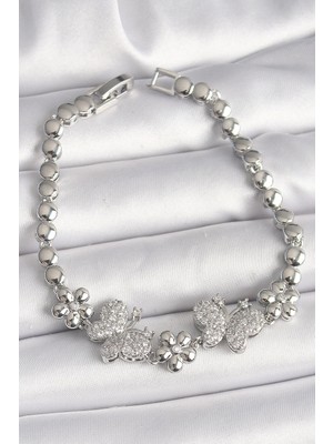 Mey Ithalat® Pirinç Gümüş Renk Zirkon Taşlı Kelebek Figür Çiçek Zincir Model Kadın Bileklik