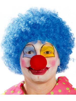 Mey Ithalat® Mavi Renk Kıvırcık Afro Bonus Peruk Takma Saç ve Kırmızı Burun Seti