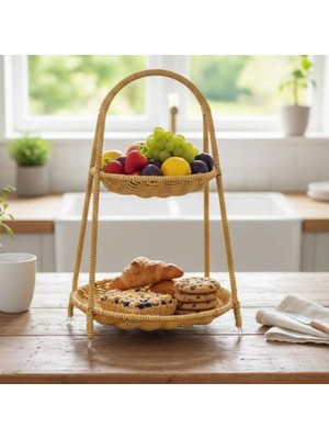 Mey Ithalat®  Plastik Rattan Iki Katlı Sunumluk–dekoratif Organizer, Mutfak Meyve,sebze Sepeti, Banyo Düzenleyici Raf,masaüstü Çok Amaçlı Sunum Standı