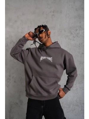 Lushiowear Erkek 3 Iplik Pamuklu Baskılı Kapüşonlu Cepli Sweatshirt Hoodie - Füme