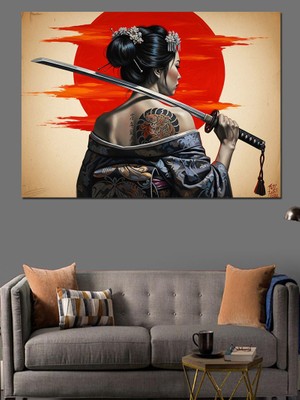Tablomega Samuray Kılıcıyla Karizmatik Geyşa Portresi Dekoratif Kanvas - Mdf Ahşap Tablo