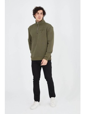 Lushiowear Erkek Yarım Fermuarlı Baskılı Üç Iplik Pamuklu Sweatshirt - Yeşil